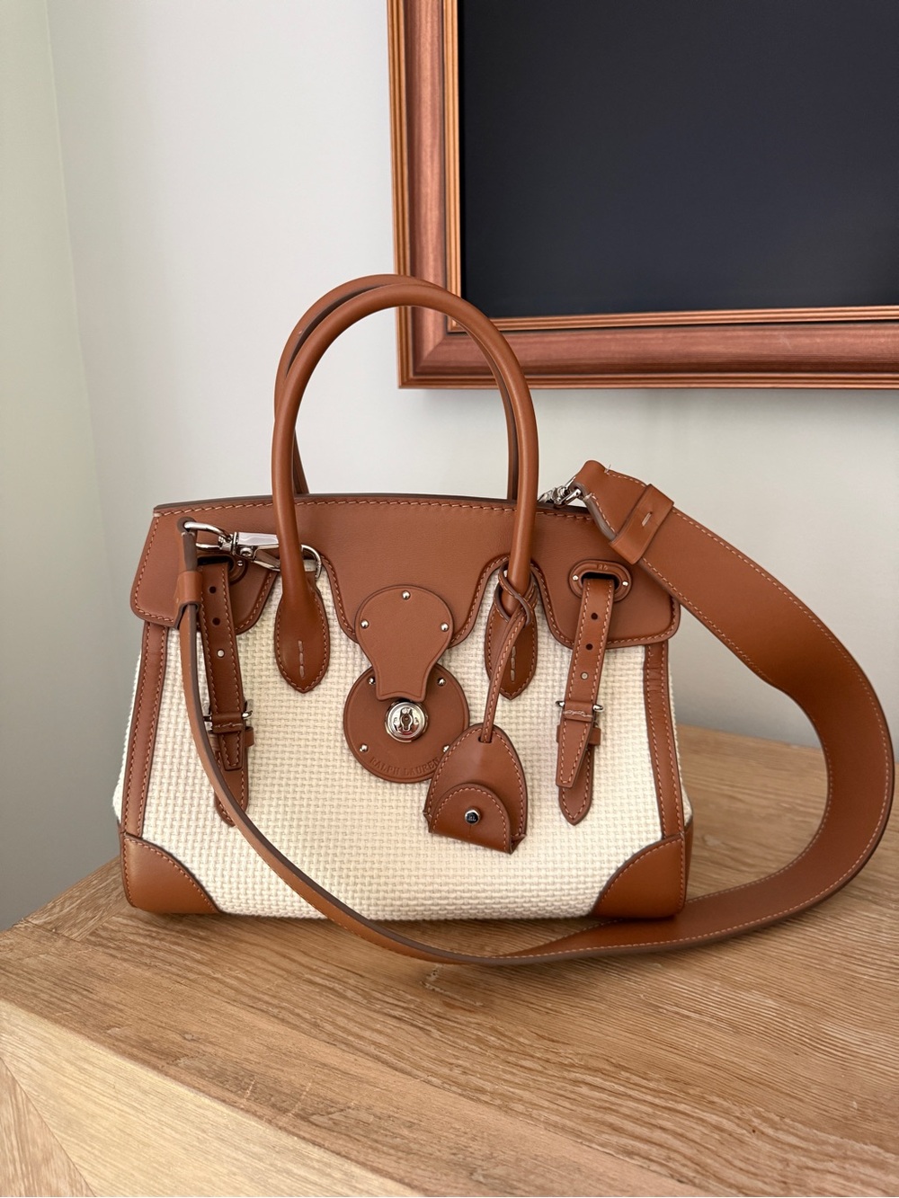 Ralph Lauren Collection Soft Ricky 27 Calfskin-Trim Woven Bag New Lux Cream/Gold